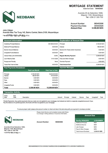 Download Mozambique Nedbank Moçambique mortgage statement Word and PDF template Photoshop template